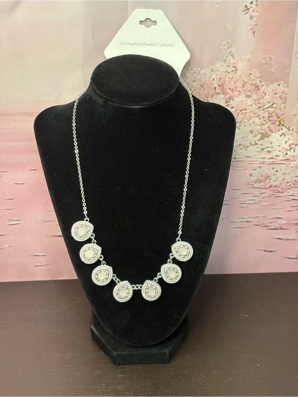 Christopher & Banks Silver tone statement necklace pink teardrop stones. New.